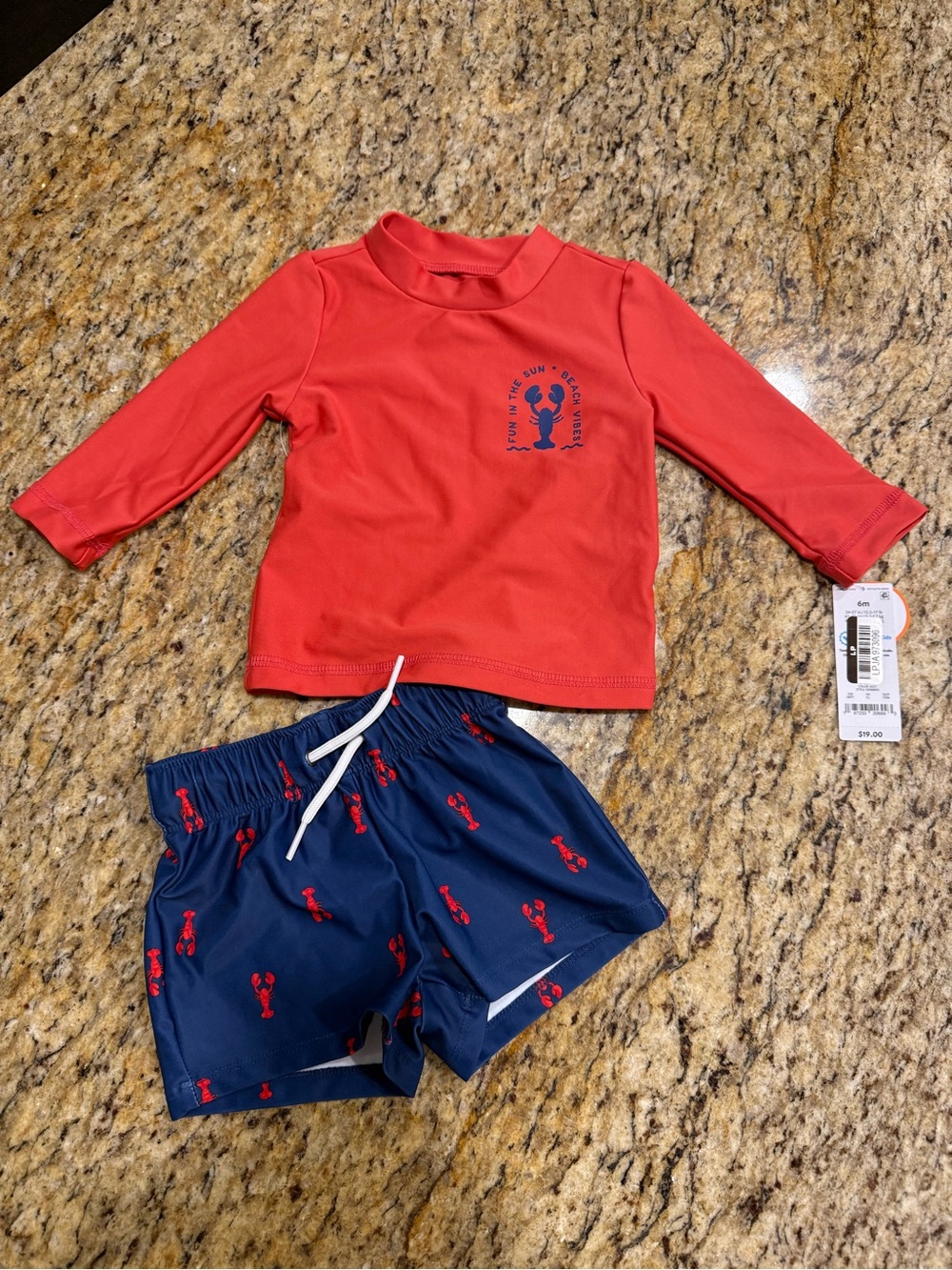 Carter's Red Long-Sleeve Rash Guard with Navy Lobster Swim Shorts